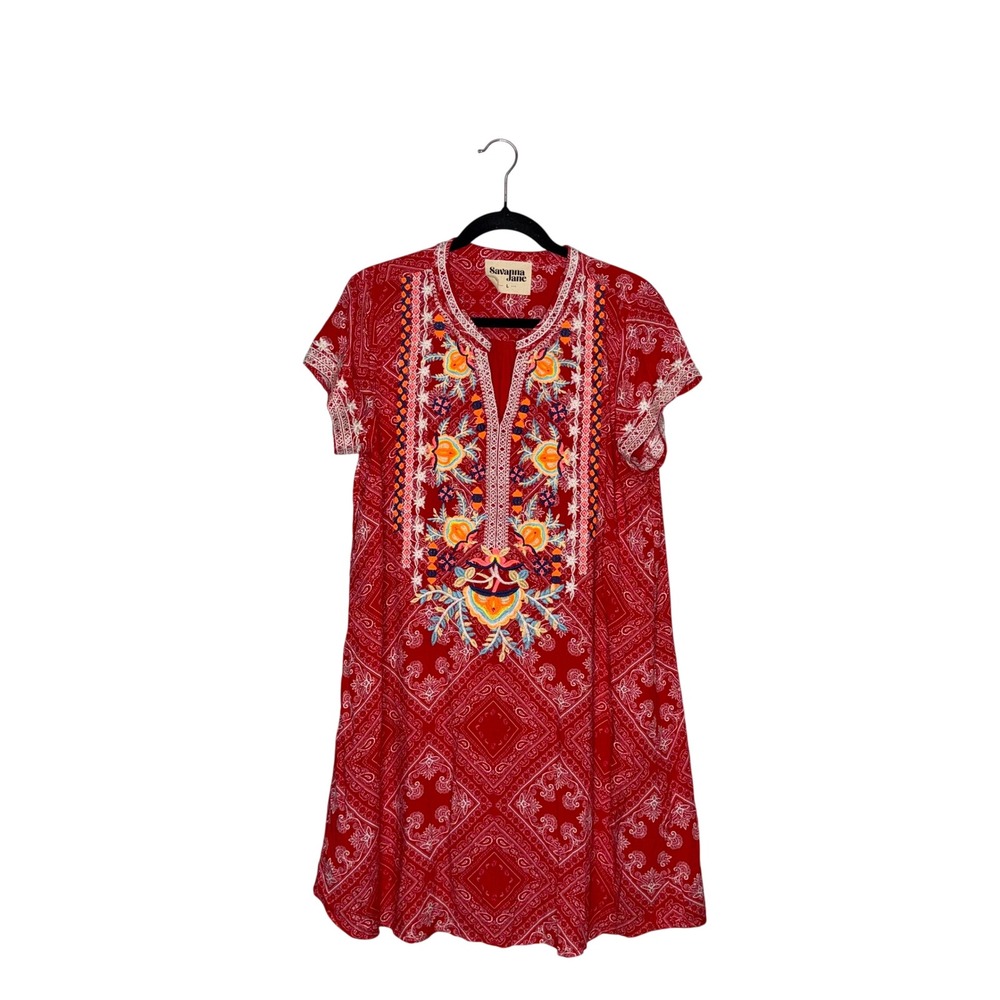 Savanna Jane Embroidered Bandana Print Dress Womens L Red‎ Excellent Boho Tunic
